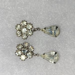 Vintage Crystal Rhinestone Pierced Earrings Flower Design with Dangling Drops